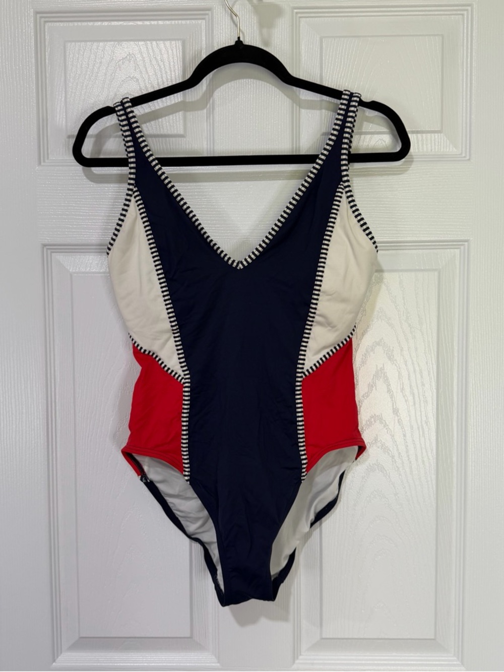 Vintage Tommy Hilfiger Navy, White & Red Stripe-Trim One-Piece